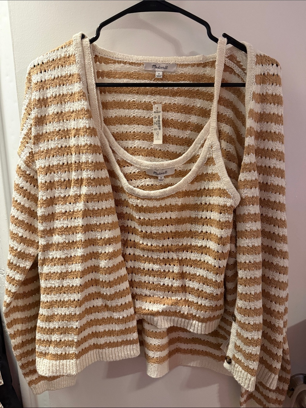 Madewell Cream & Tan Striped Knit Cardigan + Tank Set